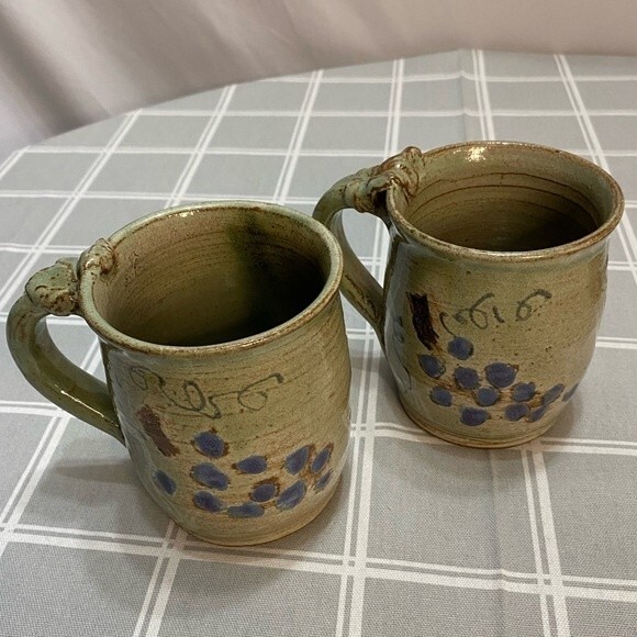 Pottery Coffee Mugs Grape Vine Primitive Handmade Artisan Crafted Set of 2 Cups - Picture 7 of 10